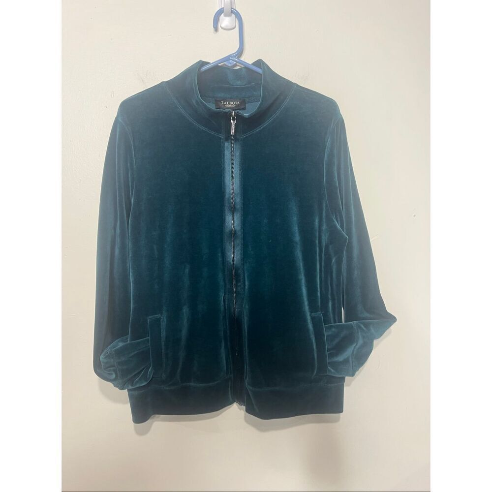 Talbots Teal Blue Green Velour Track Jacket Full Zip Up Sz XL NWT! Satin trim